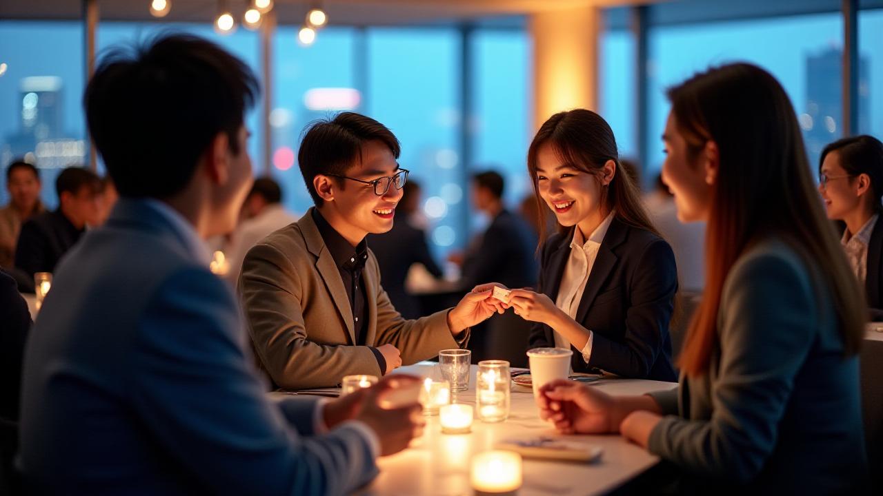 서울 강남의 활기찬 네트워킹 이벤트 현장, 다양한 산업의 전문가들이 서로 교류하며 웃고 있는 모습.